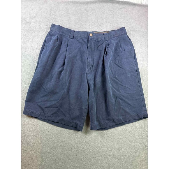 Tommy Bahama Shorts Men 36 Navy Blue 100% Silk Pleated‎ Tropical Beach Chinos - Picture 1 of 6